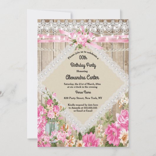 Invitation Mason Jar Rustic Pearl String éclaire Floral rose (Devant)