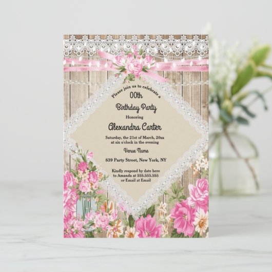 Invitation Mason Jar Rustic Pearl String éclaire Floral rose (Debout devant)