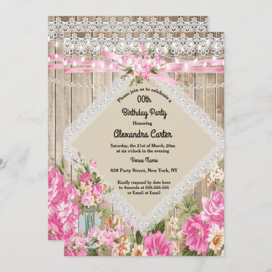 Invitation Mason Jar Rustic Pearl String éclaire Floral rose (Devant / Derrière)