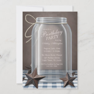 Invitation Mason Jar Rustic Stars Bleu En vichy Anniversaire