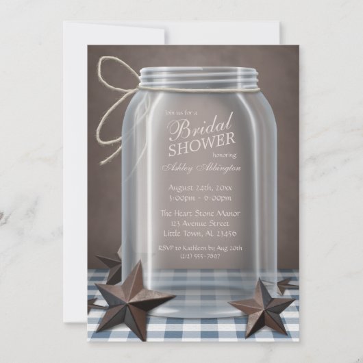 Invitation Mason Jar Rustic Stars Blue En vichy Fête des mari (Devant)