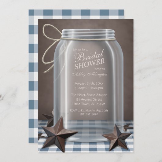 Invitation Mason Jar Rustic Stars Blue En vichy Fête des mari (Devant / Derrière)