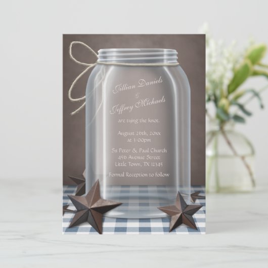 Invitation Mason Jar Rustic Stars Blue En vichy Mariage (Debout devant)