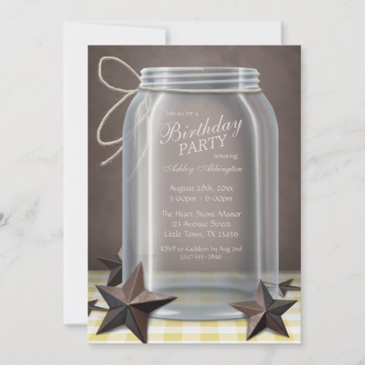 Invitation Mason Jar Rustic Stars Jaune En vichy Anniversaire (Devant)