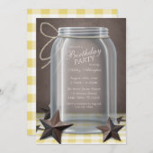 Invitation Mason Jar Rustic Stars Jaune En vichy Anniversaire (Devant / Derrière)