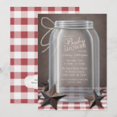 Invitation Mason Jar Rustic Stars Red En vichy Baby shower (Devant / Derrière)