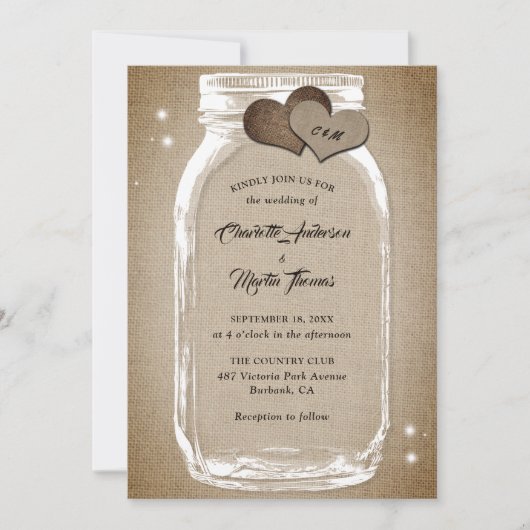 Invitation Mason Jar Rustic Vintage Burlap Mariage (Devant)