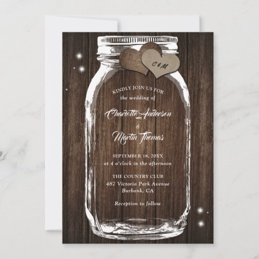 Invitation Mason Jar rustique Pays Bois Burlap Mariage de coe (Devant)