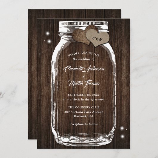 Invitation Mason Jar rustique Pays Bois Burlap Mariage de coe (Devant / Derrière)