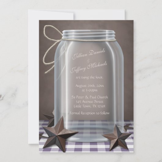 Invitation Mason Jar Stars Rustiques Violet En vichy Mariage (Devant)