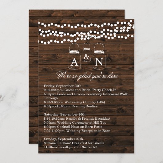 Invitation Mason Jar String Light WEEKEND ITINERARY Card (Devant / Derrière)