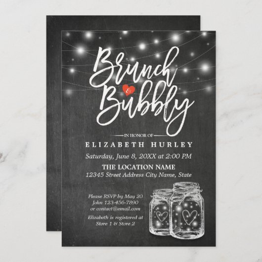 Invitation Mason Jar String Lights Chalkboard Brunch & Bubbly (Devant / Derrière)