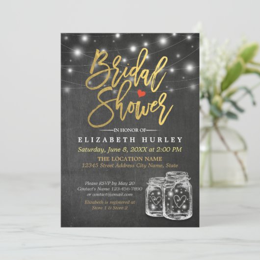 Invitation Mason Jar & String Lights Chalkboard Fête des mari (Debout devant)