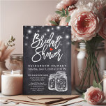 Invitation Mason Jar & String Lights Chalkboard Fête des mari<br><div class="desc">Modèles de la carte d'invitation à la douche nuptiale - Élégant script de Fête des mariées et Vintage Mason Jar String Lights avec Grunge Black Chalkboard Arrière - plan. Un design parfait pour votre grand jour. Tous les styles de texte,  couleurs,  tailles peuvent être modifiés selon vos besoins !</div>