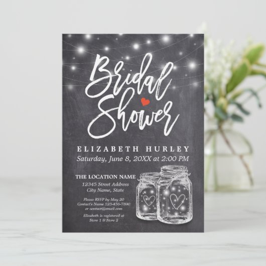 Invitation Mason Jar & String Lights Chalkboard Fête des mari (Debout devant)