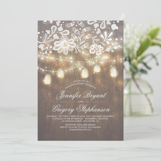 Invitation Mason Jar String Lights Lace Engagement (Debout devant)