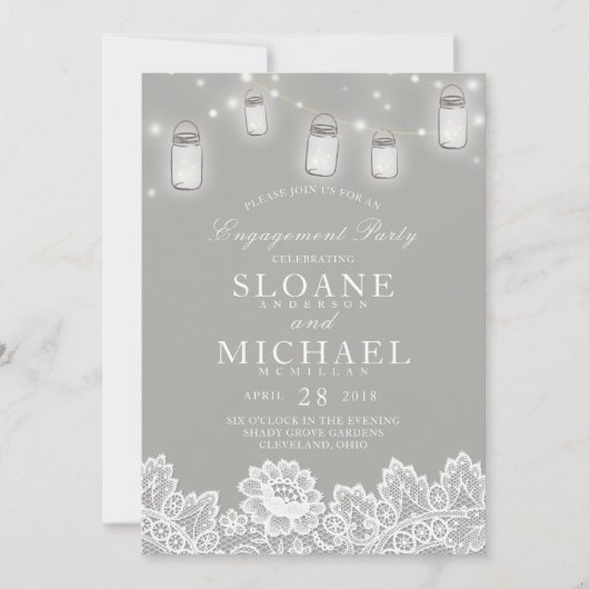 Invitation Mason Jar String Lights Lace Grey (Devant)