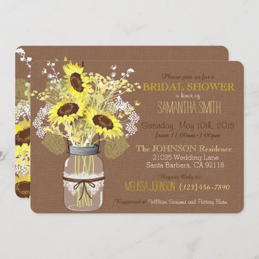 Invitation Mason Jar Sunflower Burlap Fête des mariées rustiq (Devant / Derrière)