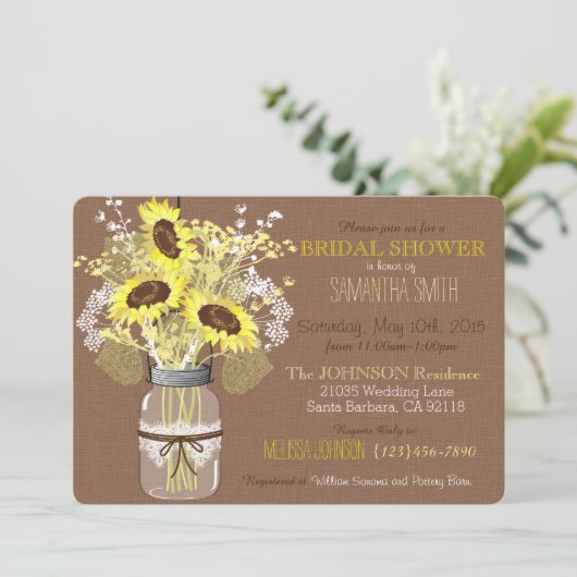 Invitation Mason Jar Sunflower Burlap Fête des mariées rustiq (Debout devant)