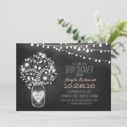 Invitation mason jar tableau noir & lumières Baby shower invi (Debout devant)