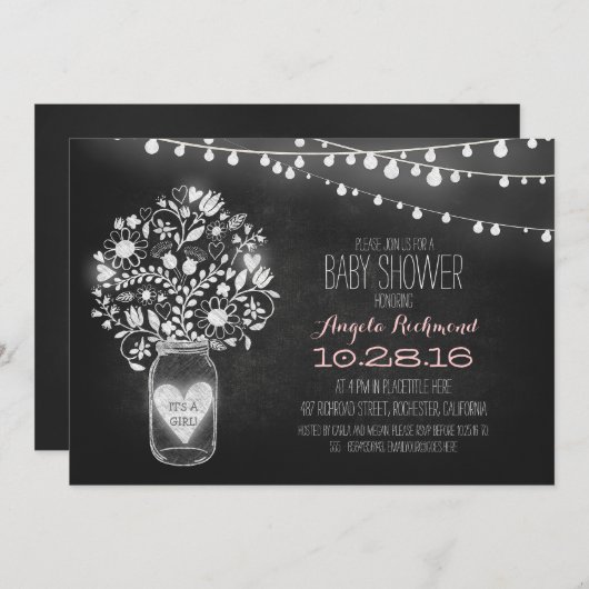 Invitation mason jar tableau noir & lumières Baby shower invi (Devant / Derrière)