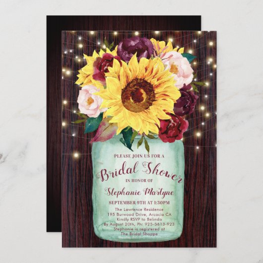 Invitation Mason Jar Tournesols Fête des mariées rustique (Devant / Derrière)