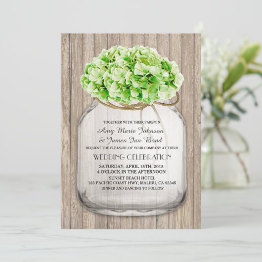 Invitation Mason jar vert hydrangea mariage invite hyd4 (Debout devant)
