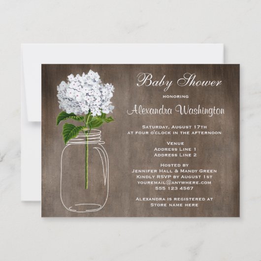 Invitation Mason Jar & White Hydrangea Baby shower rustique (Dos)