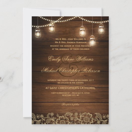 Invitation Mason jarre string or clair dentelle mariage rusti (Devant)