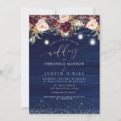 Invitation Mason Jars Bois rustique Marine Bleu+Fleurs Bourgo (Devant)