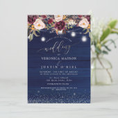 Invitation Mason Jars Bois rustique Marine Bleu+Fleurs Bourgo (Debout devant)