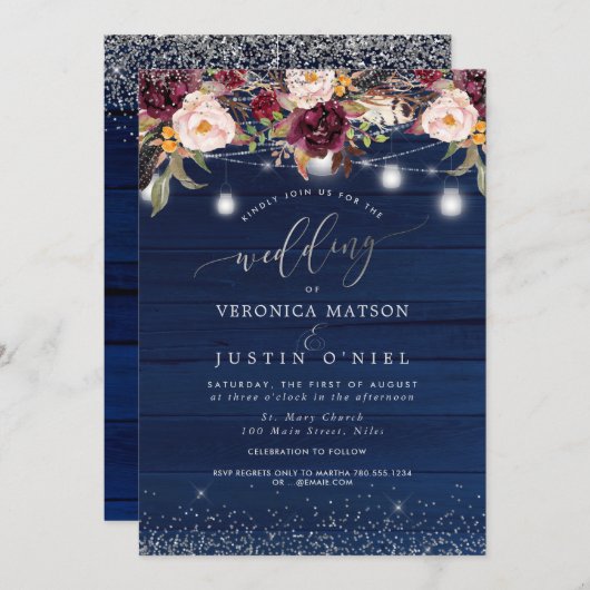 Invitation Mason Jars Bois rustique Marine Bleu+Fleurs Bourgo (Devant / Derrière)