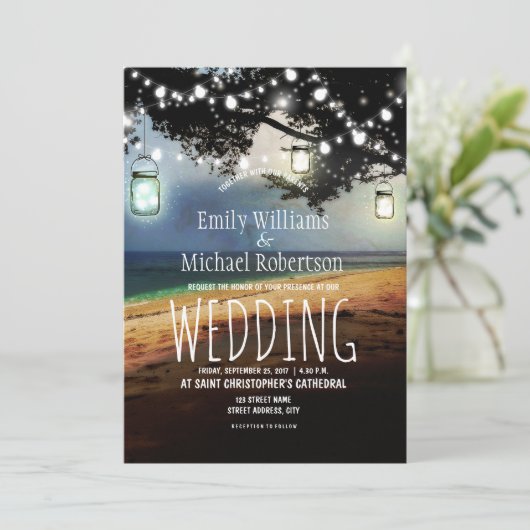 Invitation Mason Jars Lumières à cordes Élégant Mariage rusti (Debout devant)