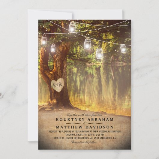 Invitation Mason Jars Rustic Tree Lake Twinkle Lights Mariage (Devant)