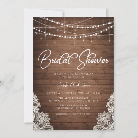 Invitation Mason Jars Rustic Wood Lights dentelle Fête des ma (Devant)