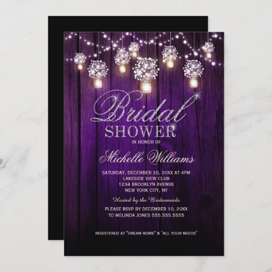 Invitation Mason Jars String Lights Elégante douche nuptiale (Devant / Derrière)