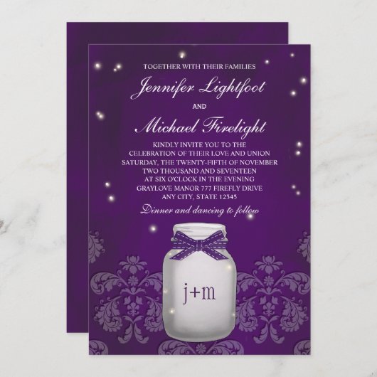 Invitation Mason jaune mauve avec Mariage aux lucioles (Devant / Derrière)