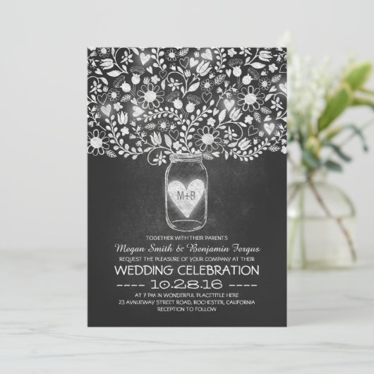 Invitation Mason pot et chalkboard fleurs mariage invite (Debout devant)