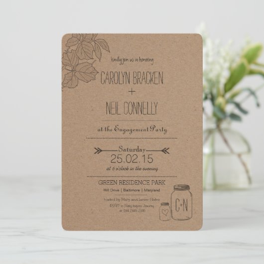 Invitation Masonjar rustique | Feuille | Partie d'engagement (Debout devant)
