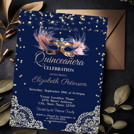 Invitation Masqu,String Lights,Lace,Diamonds Blue Quinceañera