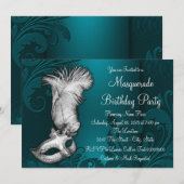 Invitation Masque à plumes bleu sarcelle foncé pour soirée ma (Devant / Derrière)