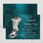 Invitation Masque à plumes bleu sarcelle pour soirée masquée (Devant / Derrière)