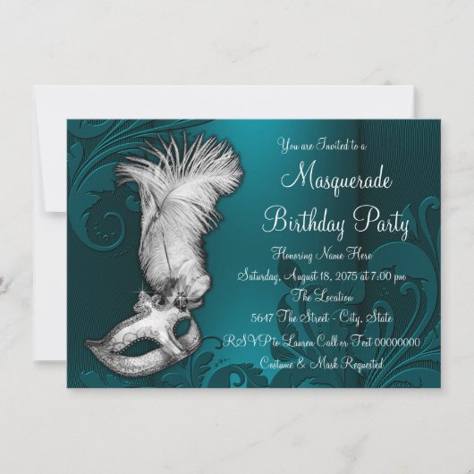 Invitation Masque à plumes bleu sarcelle pour soirée masquée (Devant)
