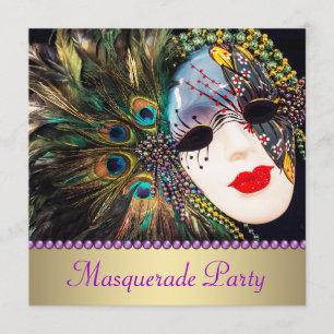 Invitation Masque à plumes de paon en or violet pour soirée m