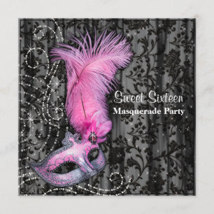 Invitation Masque à plumes rose noir Sweet 16 Soirée masquée