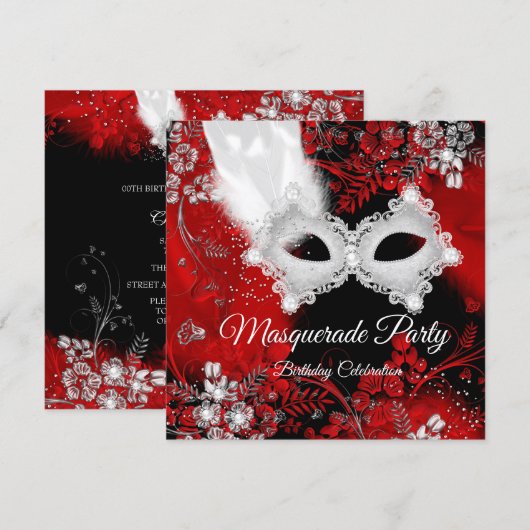 Invitation Masque à plumes rouges et blanches pour fête d'ann (Devant / Derrière)