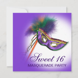 Invitation Masque à plumes Violet Sweet 16 Bal masqué