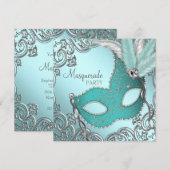 Invitation Masque argent bleu sarcelle Soirée masquée (Devant / Derrière)