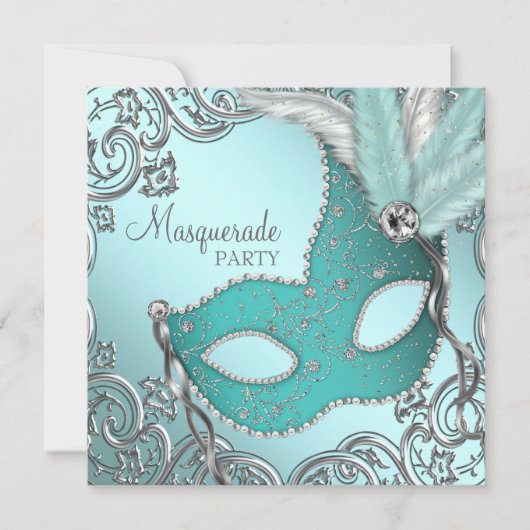 Invitation Masque argent bleu sarcelle Soirée masquée (Devant)