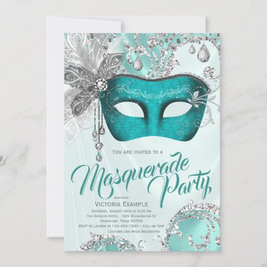 Invitation Masque argent bleu sarcelle Soirée masquée (Devant)